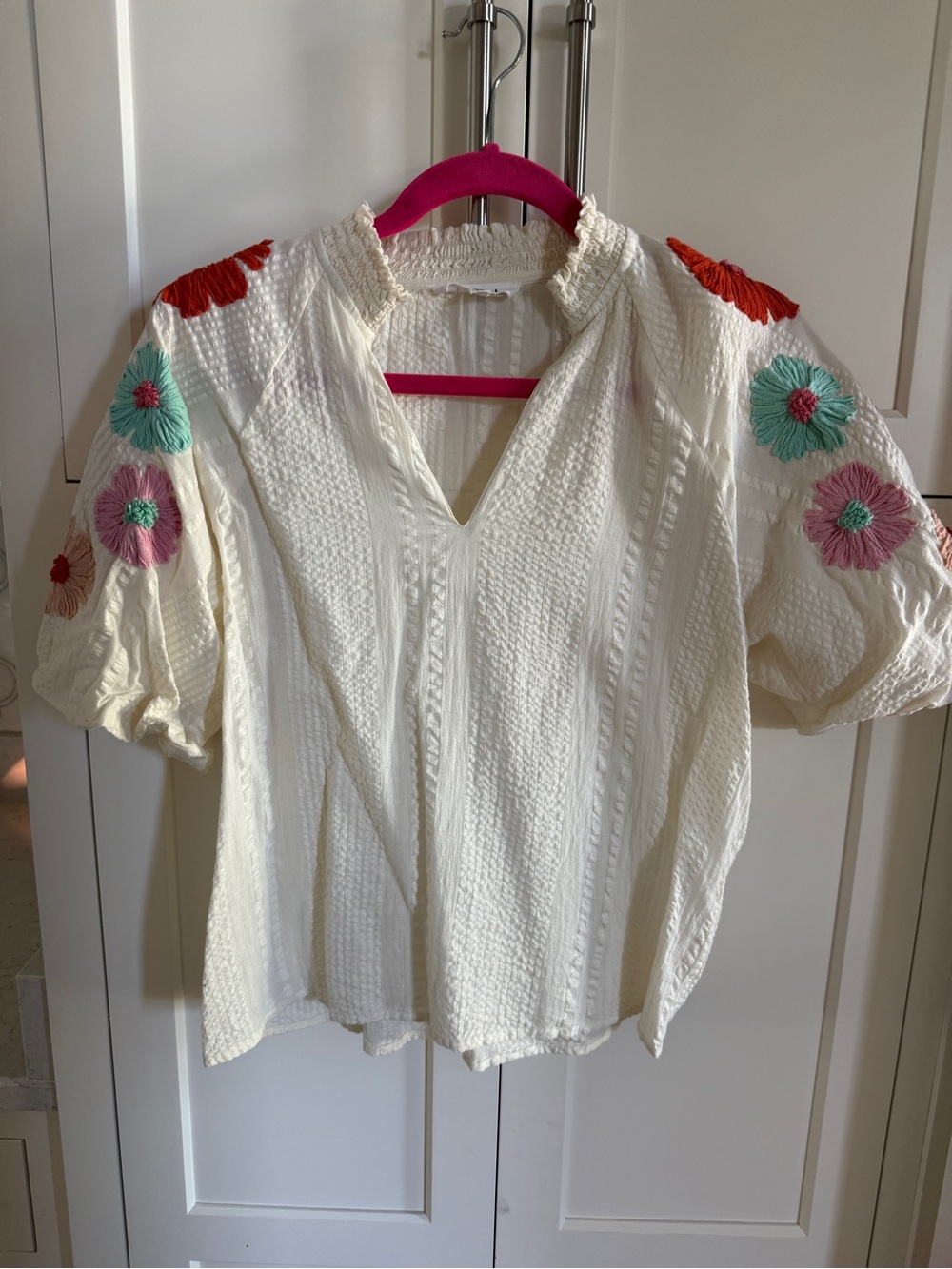 THML Cream V-Neck Puff Sleeve Blouse with Floral Embroidery